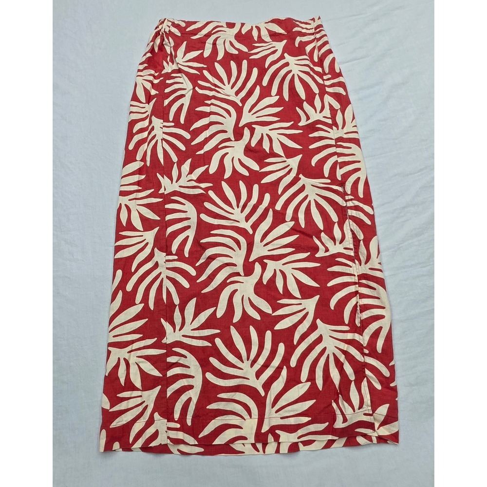 A New Day Womens Red Cream Tropical Leaf Print Midi Skirt Cotton‎ Rayon Size M